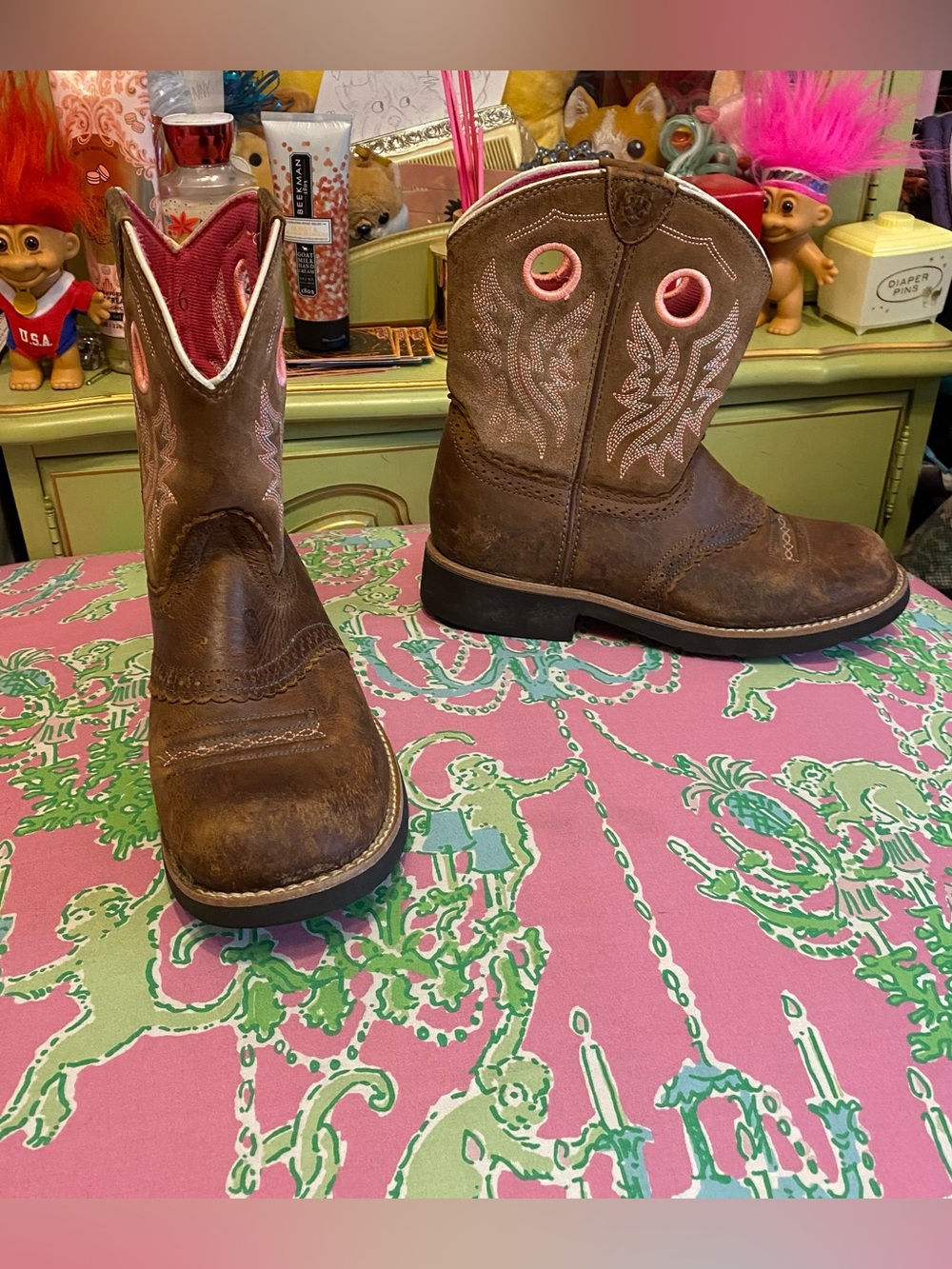 Ariat Brown and Pink Square Toe fatbaby Boots 10017309 size 6